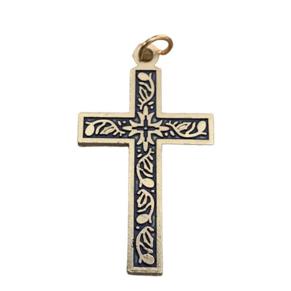 Vintage 1 1/4" Silvertone Pendant Cross Blue Embossing Jewelry for Necklace - Picture 1 of 7